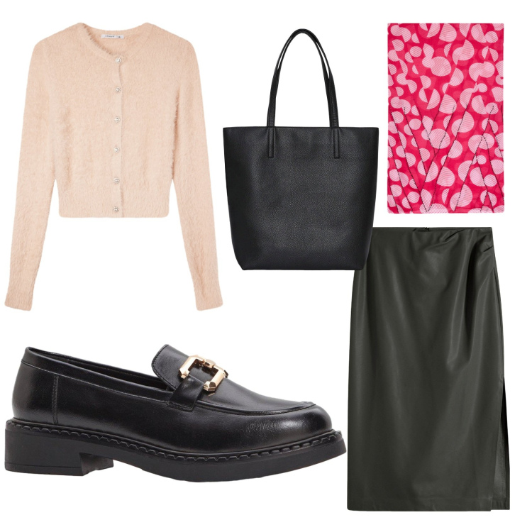 Outfit donna - In classe. Stile Casual per Scuola/Università. Abbinamento con gonne longuette, mocassini, borse tote, cardigans, stole.