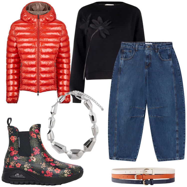 Outfit donna - Fiori rossi. Stile Casual per Tutti i giorni. Abbinamento con stivali di gomma, cinture, jeans, felpe, blazer, ciondoli.