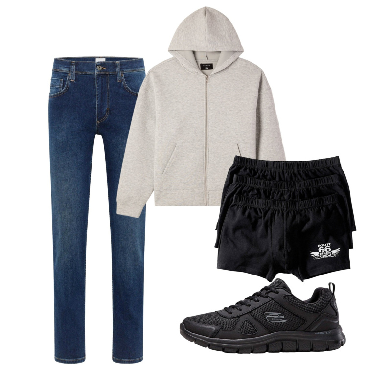 Outfit uomo - Settembre. Stile Casual per Tutti i giorni. Abbinamento con boxer, sneakers, jeans dritti, felpe con cappuccio.