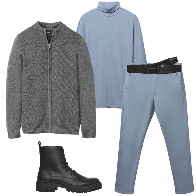 Outfit uomo - Quando piove. Stile Urban per Tutti i giorni. Abbinamento con cardigans, cinture, anfibi, pantaloni chino, t-shirt.