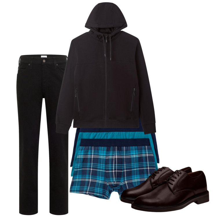 Outfit uomo - Fall. Stile Casual per Tutti i giorni. Abbinamento con boxer, jeans dritti, felpe con cappuccio, scarpe stringate.