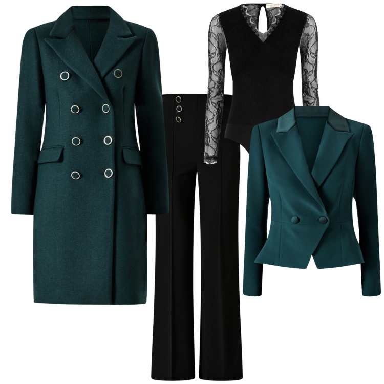 Outfit donna - Chic verde nero evento serata. Stile Chic per Serata fuori. Abbinamento con pantofole, blazer, cappotti, body, pantaloni.