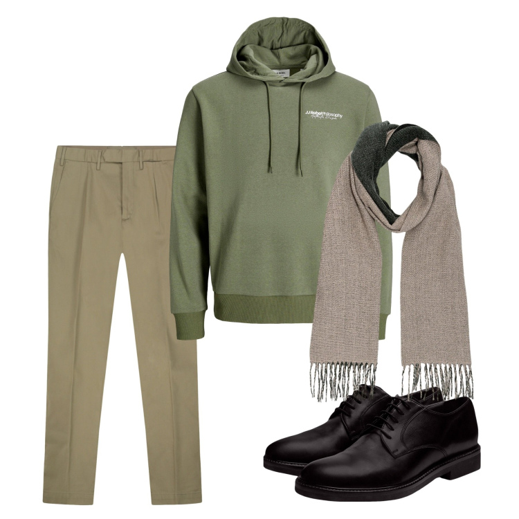 Outfit uomo - Fall. Stile Casual per Tutti i giorni. Abbinamento con felpe con cappuccio, scarpe stringate, sciarpe, pantaloni.