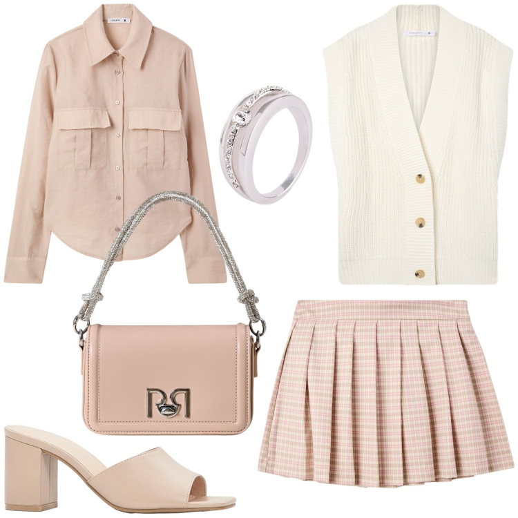 Outfit donna - Rosà in minigonna. Stile Chic per Tutti i giorni. Abbinamento con anelli, sandali col tacco, camicie, minigonne, gilet, borse a mano.