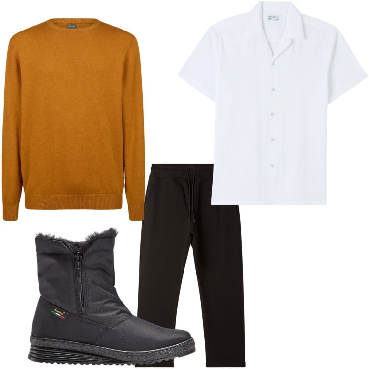Outfit uomo - Effetto ocra. Stile Trendy per Tutti i giorni. Abbinamento con stivali e stivaletti, camicie a manica corta, pantaloni, maglieria.