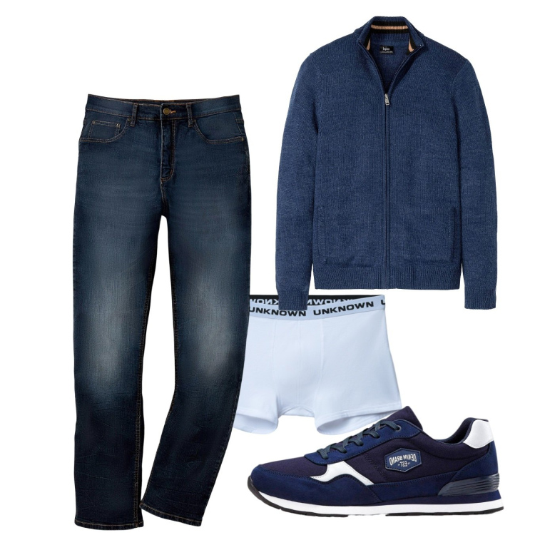 Outfit uomo - Blu. Stile Casual per Tutti i giorni. Abbinamento con jeans dritti, cardigans, sneakers, boxer.
