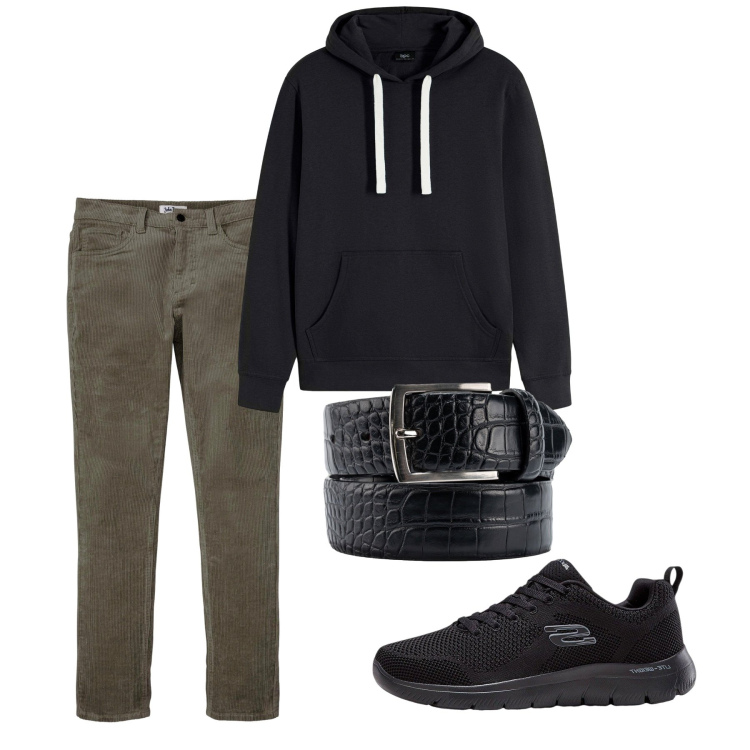 Outfit uomo - Settembre. Stile Urban per Tutti i giorni. Abbinamento con sneakers, felpe con cappuccio, pantaloni, cinture.