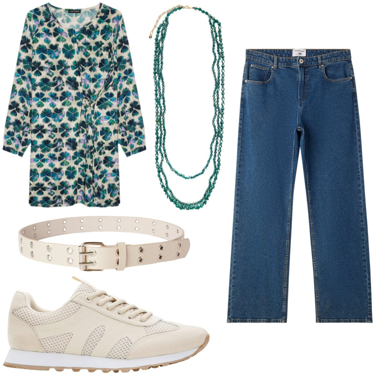 Outfit donna - Chemisier e jeans. Stile Glamour per Tutti i giorni. Abbinamento con sneakers, jeans dritti, cinture, collane, vestiti corti.