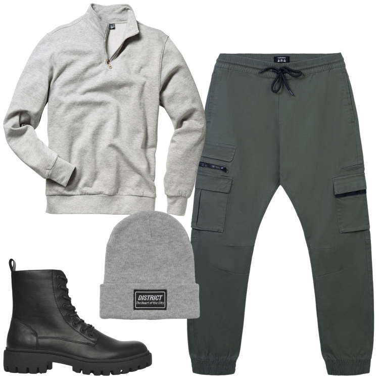 Outfit uomo - Total look #2256057. Stile Casual per Tutti i giorni. Abbinamento con felpe, anfibi, pantaloni cargo, berretti.