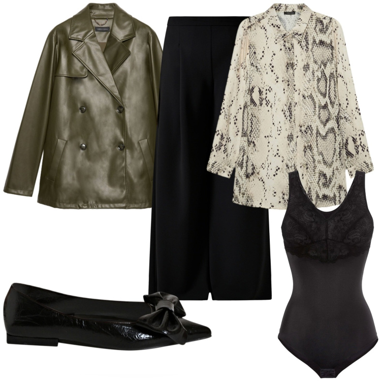 Outfit donna - La giacca in pelle verde. Stile Chic per Tutti i giorni. Abbinamento con body, pantaloni a palazzo, ballerine, giacche, camicie.