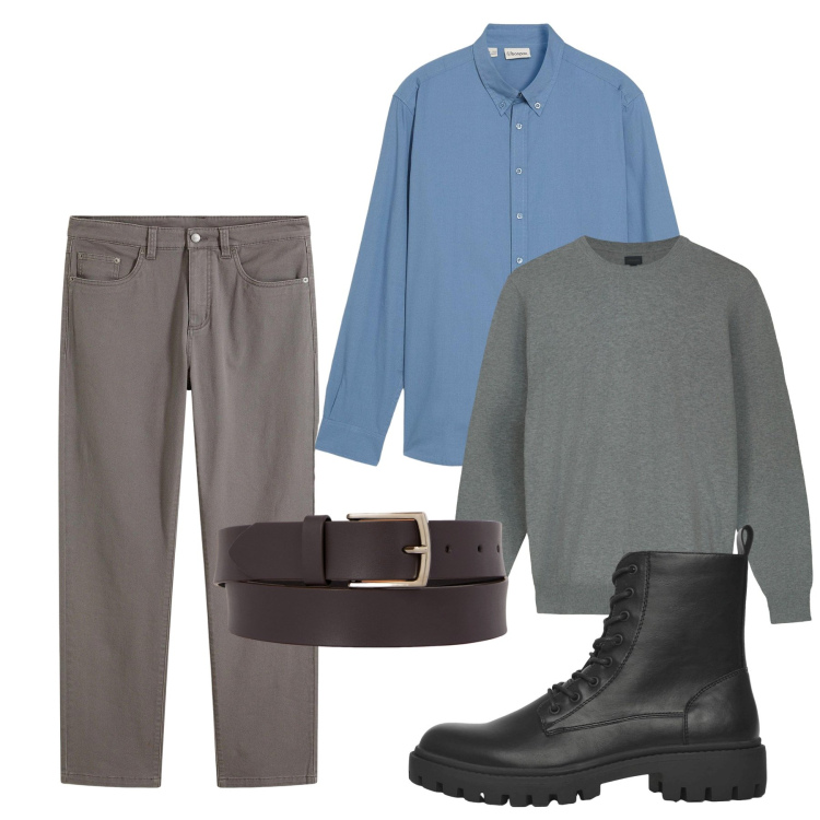 Outfit uomo - Fall. Stile Casual per Tutti i giorni. Abbinamento con pantaloni, camicie, anfibi, maglieria, cinture.