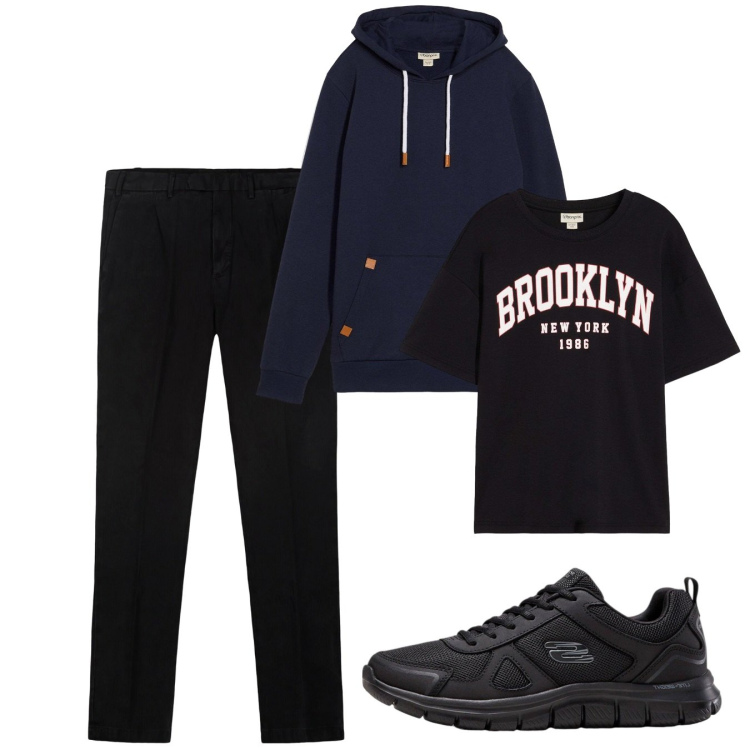 Outfit uomo - Fall. Stile Casual per Tutti i giorni. Abbinamento con sneakers, t-shirt, felpe con cappuccio, pantaloni.