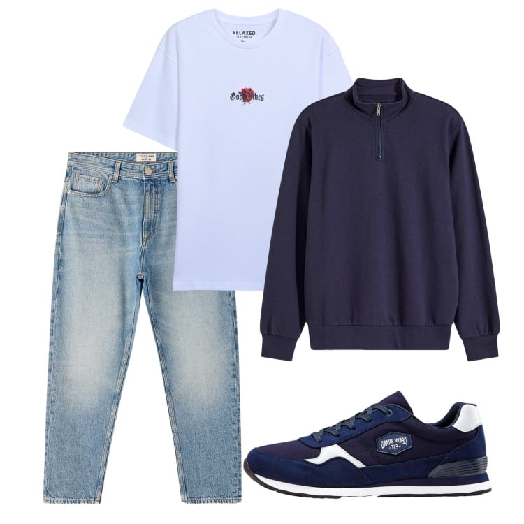 Outfit uomo - Weekend. Stile Casual per Tutti i giorni. Abbinamento con felpe, sneakers, jeans dritti, t-shirt.