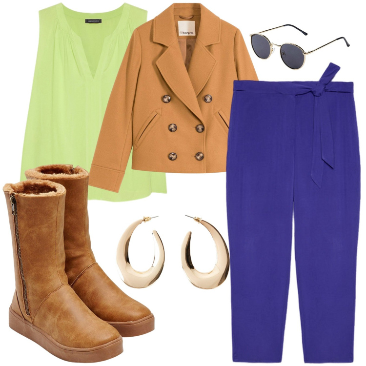 Outfit donna - A tutto colore. Stile Casual per Tutti i giorni. Abbinamento con stivali, caban, orecchini, occhiali da sole, pantaloni, top.