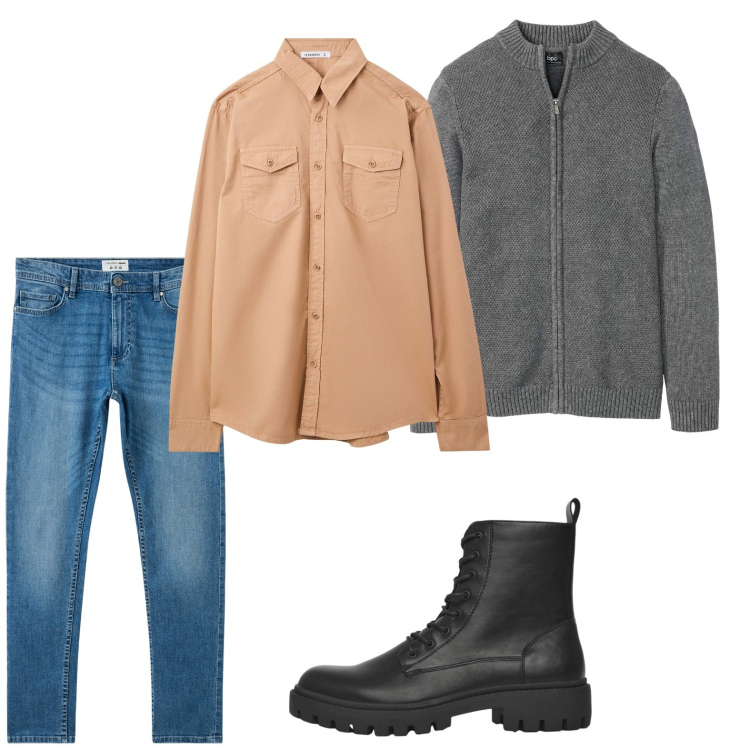 Outfit uomo - New look. Stile Trendy per Tutti i giorni. Abbinamento con cardigans, jeans skinny, camicie, anfibi.