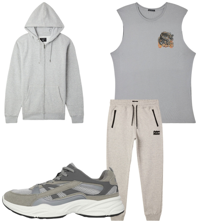 Outfit uomo - Numero 1. Stile Casual per Sport. Abbinamento con felpe con cappuccio, sneakers, pantaloni, canottiere.