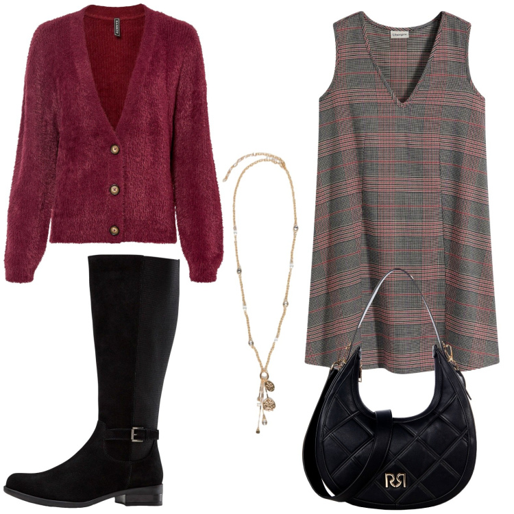 Outfit donna - Gardigan su vestito. Stile Chic per Ufficio. Abbinamento con stivali, cardigans, vestiti corti, borse a tracolla, ciondoli.
