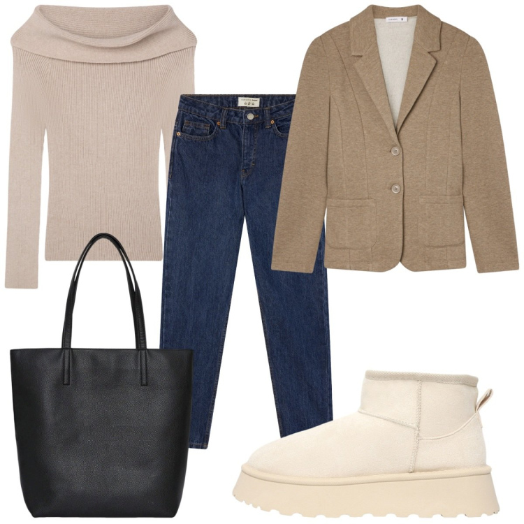 Outfit donna - Total look #2256077. Stile Casual per Tutti i giorni. Abbinamento con blazer, jeans mom, maglieria, stivaletti, borse tote.