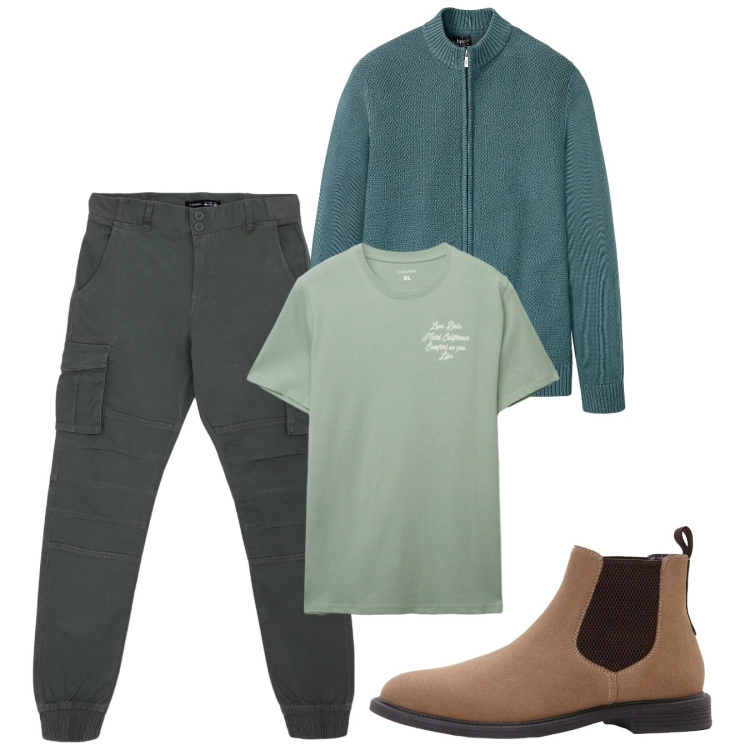 Outfit uomo - Fall. Stile Casual per Tutti i giorni. Abbinamento con cardigans, stivali e stivaletti, pantaloni cargo, t-shirt.