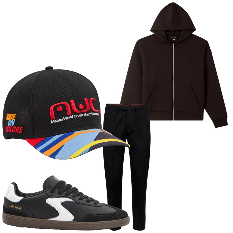 Outfit uomo - Sportivo. Stile Casual per Tutti i giorni. Abbinamento con sneakers, cappelli, felpe con cappuccio, pantaloni.