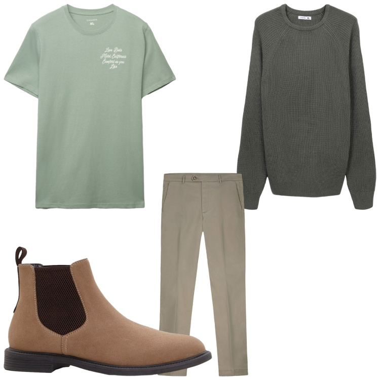 Outfit uomo - verde love. Stile Casual per Tutti i giorni. Abbinamento con stivali e stivaletti, maglieria, t-shirt, pantaloni chino.