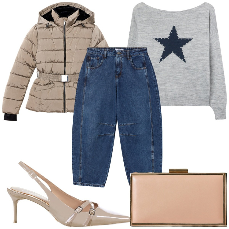 Outfit donna - Total look #2256083. Stile Casual chic per Tutti i giorni. Abbinamento con maglieria, jeans, piumini, pochette, décolleté.