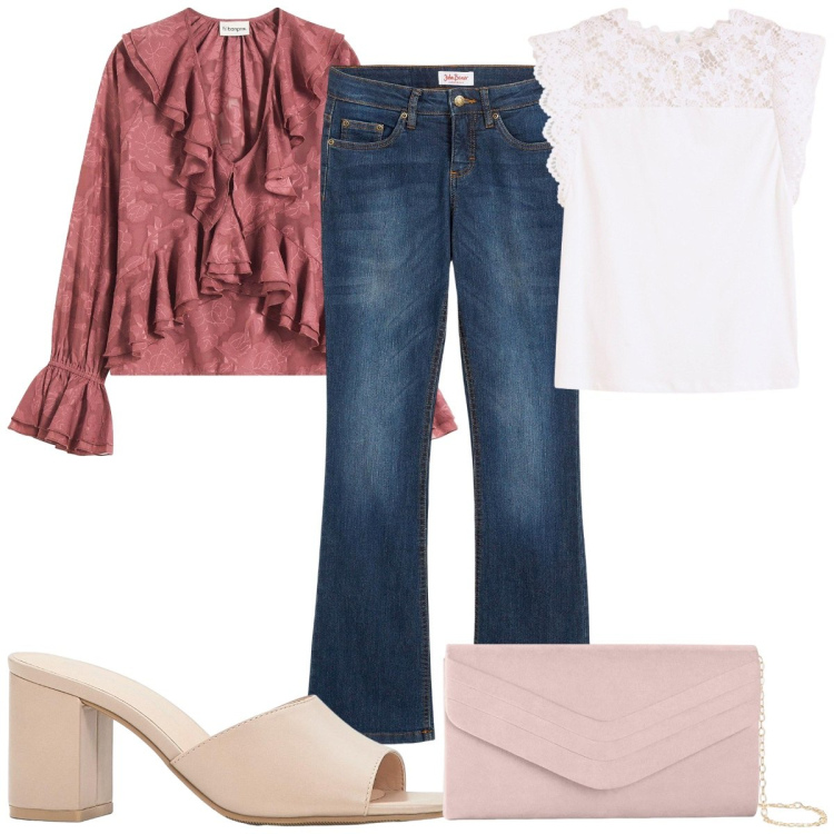 Outfit donna - Total look #2256087. Stile 70s per Tutti i giorni. Abbinamento con bluse, bluse, jeans bootcut, pochette, sandali col tacco.
