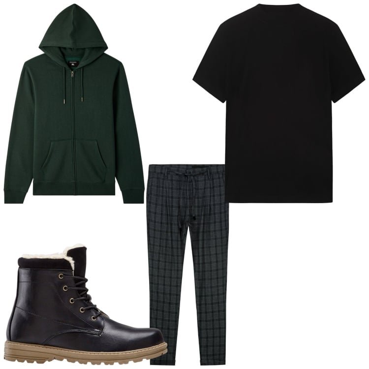Outfit uomo - Autunno. Stile Casual per Tutti i giorni. Abbinamento con stivali e stivaletti, felpe con cappuccio, pantaloni, t-shirt.