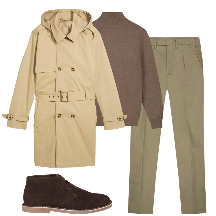 Outfit uomo - Total look #2256091. Stile Urban per Tutti i giorni. Abbinamento con trench, stivali e stivaletti, maglieria, pantaloni.