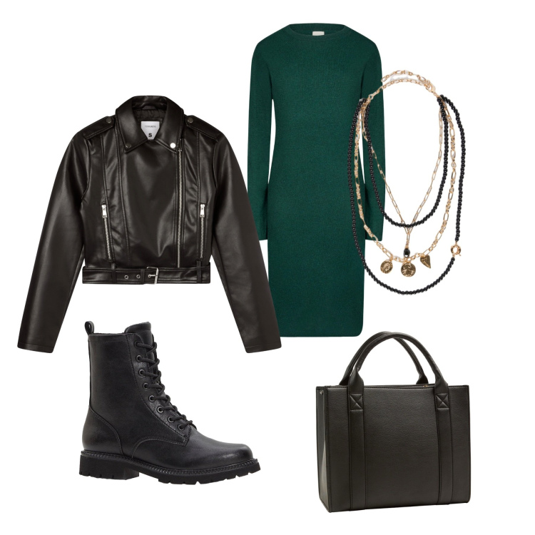 Outfit donna - Serata D\'autunno. Stile Casual per Tutti i giorni. Abbinamento con stivaletti, giacche, borse tote, vestiti midi/longuette, collane.