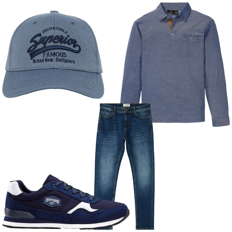 Outfit uomo - Yankee. Stile Casual per Tutti i giorni. Abbinamento con sneakers, polo, jeans skinny, cappelli con visiera.