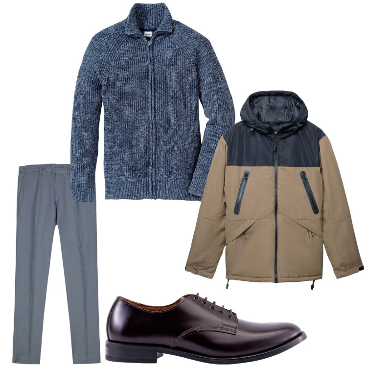Outfit uomo - La giacca imbottita. Stile Trendy per Ufficio. Abbinamento con cardigans, bomber, scarpe stringate, pantaloni.