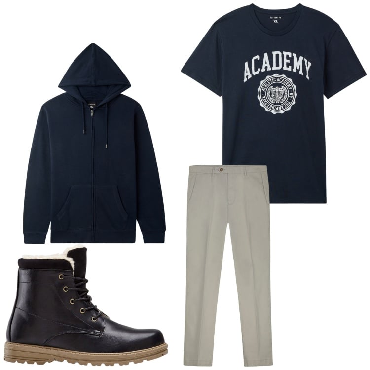 Outfit uomo - Academy. Stile Casual per Tutti i giorni. Abbinamento con stivali e stivaletti, felpe con cappuccio, t-shirt sportive, pantaloni chino.