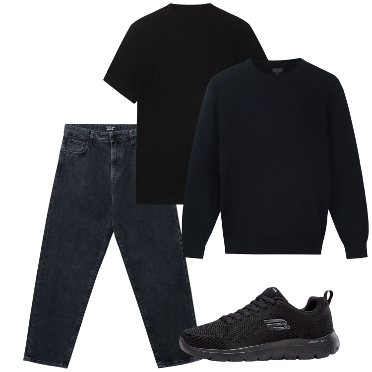 Outfit uomo - Black fall. Stile Urban per Tutti i giorni. Abbinamento con sneakers, jeans, maglieria, t-shirt.