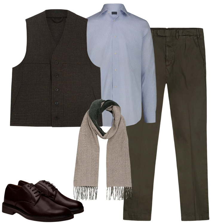 Outfit uomo - Ottobre. Stile Urban per Tutti i giorni. Abbinamento con scarpe stringate, pantaloni, sciarpe, camicie, gilet.