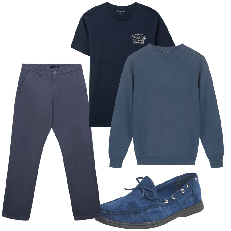 Outfit uomo - Blue fall. Stile Casual per Tutti i giorni. Abbinamento con scarpe stringate, t-shirt, pantaloni chino, maglieria.