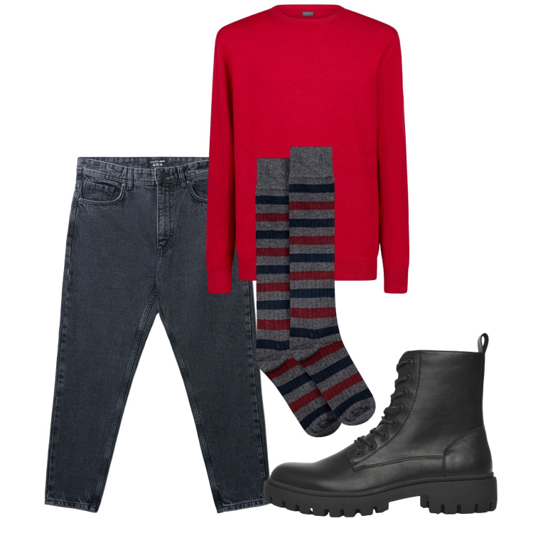 Outfit uomo - Fall. Stile Casual per Tutti i giorni. Abbinamento con anfibi, jeans strappati, maglieria, calzini.