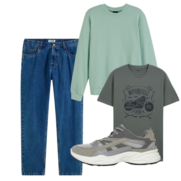 Outfit uomo - Settembre. Stile Casual per Tutti i giorni. Abbinamento con jeans dritti, felpe, sneakers, t-shirt.