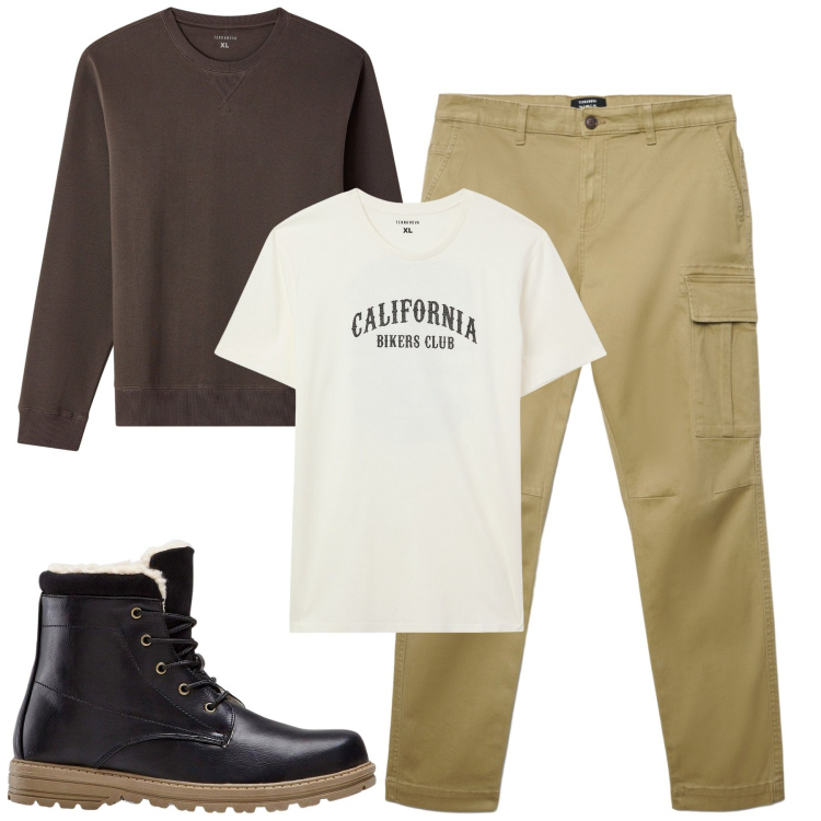 Outfit uomo - Total look #2256122. Stile Casual per Tutti i giorni. Abbinamento con stivali e stivaletti, t-shirt, felpe, pantaloni cargo.