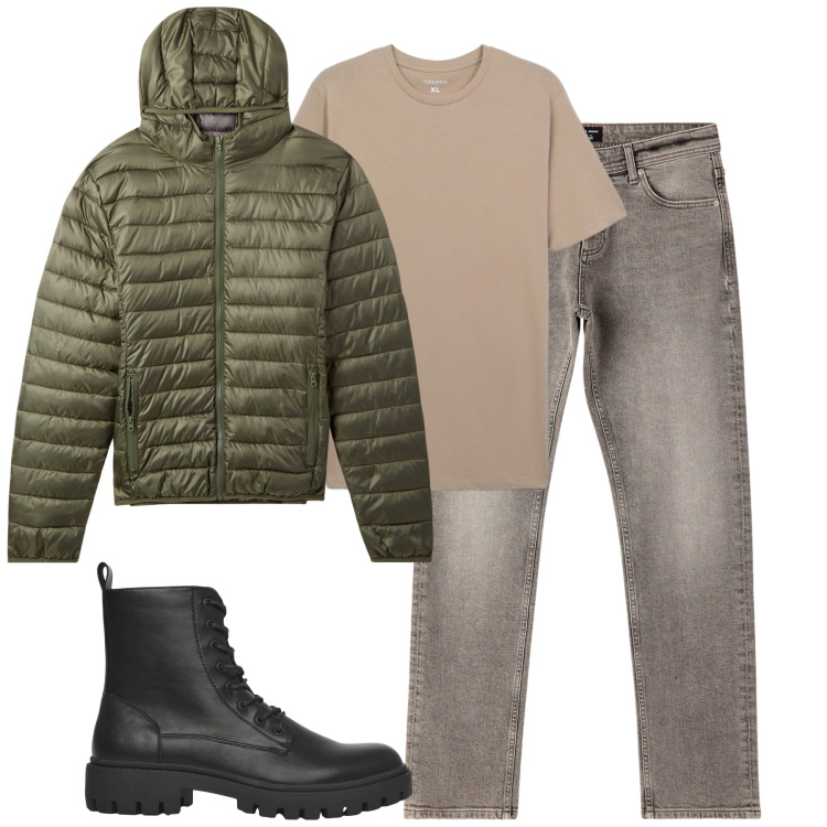 Outfit uomo - Total look #2256126. Stile Casual per Tutti i giorni. Abbinamento con anfibi, t-shirt, jeans, piumini.