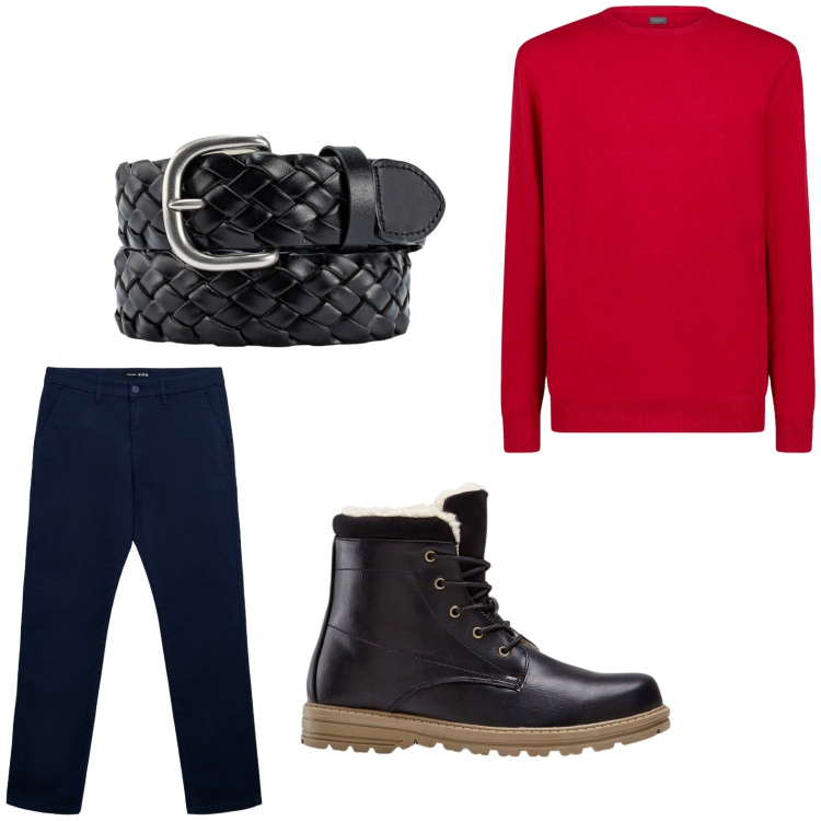 Outfit uomo - Trendy. Stile Trendy per Tutti i giorni. Abbinamento con stivali e stivaletti, pantaloni chino, cinture, maglieria.