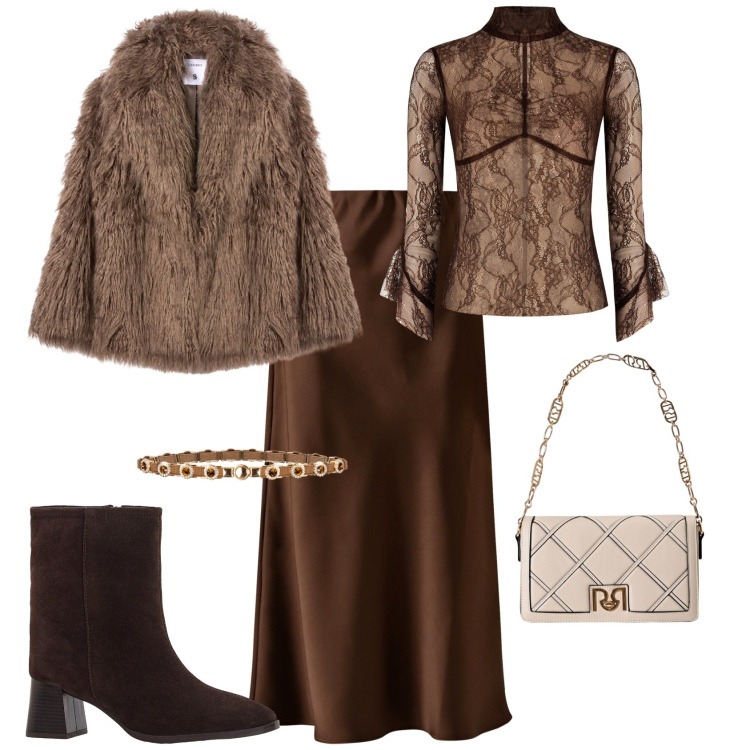 Outfit donna - Serata evento chic saten pizzo ecopellic. Stile Chic per Serata fuori. Abbinamento con stivaletti, ecopellicce, maglieria, gonne longuette, borse a tracolla, cinture.