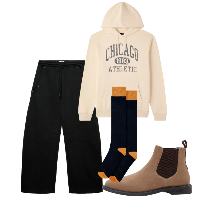 Outfit uomo - Lo stile resta. Stile Casual per Tutti i giorni. Abbinamento con stivali e stivaletti, felpe con cappuccio, pantaloni, calzini.