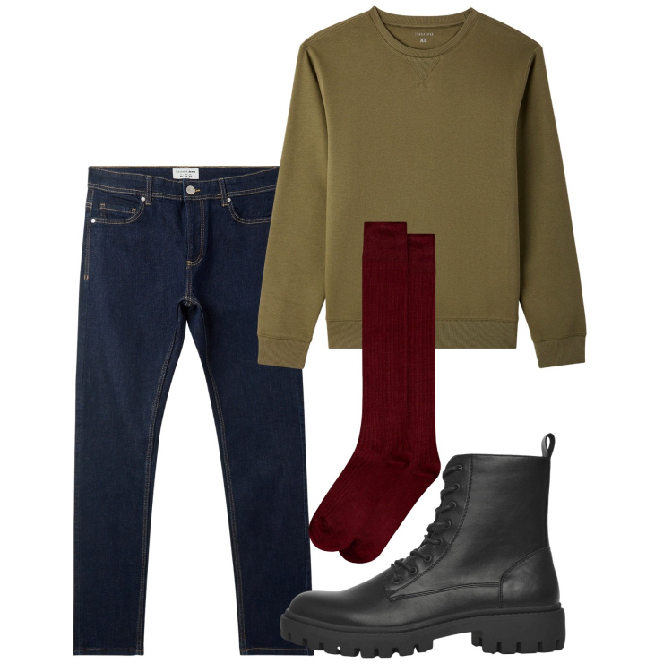 Outfit uomo - Fall Lo stile resta. Stile Casual per Tutti i giorni. Abbinamento con jeans skinny, felpe, anfibi, calzini.