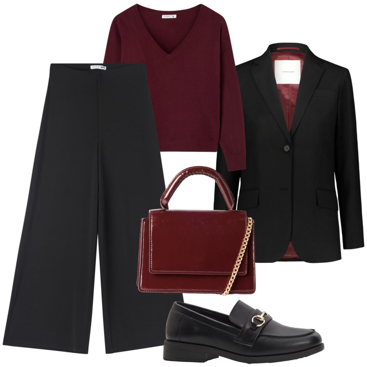 Outfit donna - Rigore in ufficio. Stile Basic per Ufficio. Abbinamento con mocassini, pantaloni culotte, borse a tracolla, maglieria, blazer.