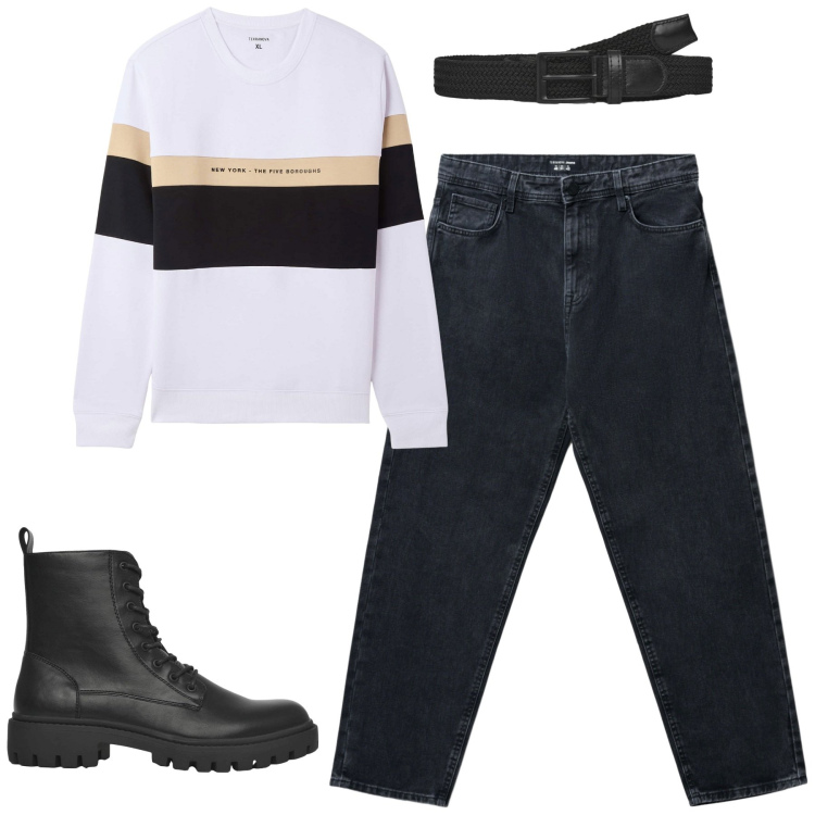 Outfit uomo - Total look #2256153. Stile Casual per Tutti i giorni. Abbinamento con felpe con cappuccio, cinture, anfibi, jeans.
