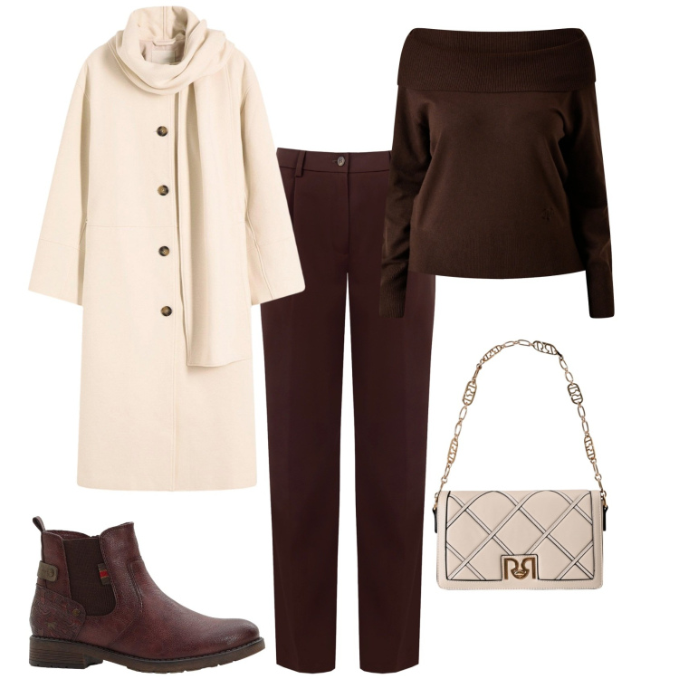 Outfit donna - Total look #2256154. Stile Casual chic per Ufficio. Abbinamento con cappotti, stivaletti chelsea, maglieria, borse a tracolla, pantaloni.