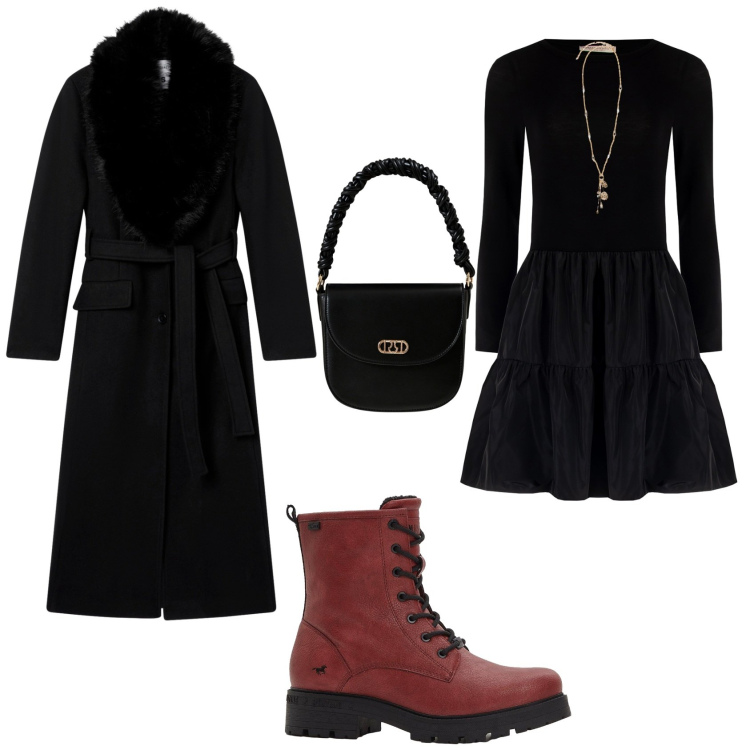 Outfit donna - Chic e rock. Stile Chic per Serata fuori. Abbinamento con stivaletti, cappotti, borse a mano, vestiti corti, ciondoli.