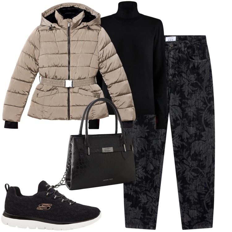 Outfit donna - Ottobre in città. Stile Urban per Tutti i giorni. Abbinamento con sneakers, borse a mano, jeans, piumini, maglieria.