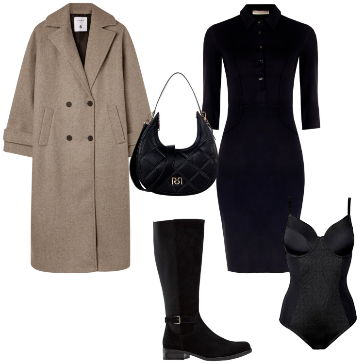 Outfit donna - Cammello e nero chic. Stile Chic per Tutti i giorni. Abbinamento con body, stivali, cappotti, vestiti midi/longuette, borse a tracolla.